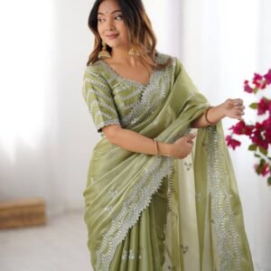 Women's Elegant Regal Purple Georgette Saree with Intricate Silver Thread & Sequin Embroidery – Complete with Embellished Blouse Piece for Festive & Party Wear